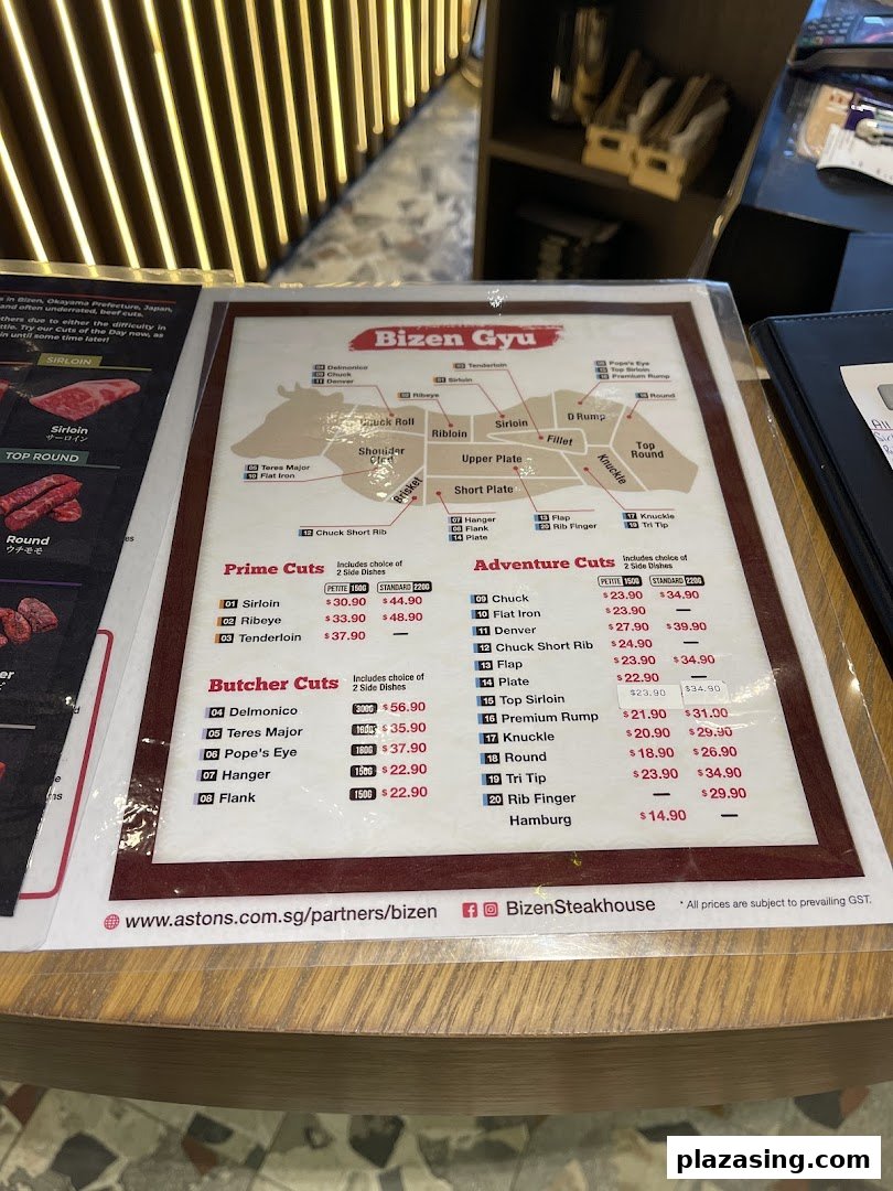 A detailed menu from Bizen Gyu, showcasing various beef cuts with prices and a beef anatomy diagram.
