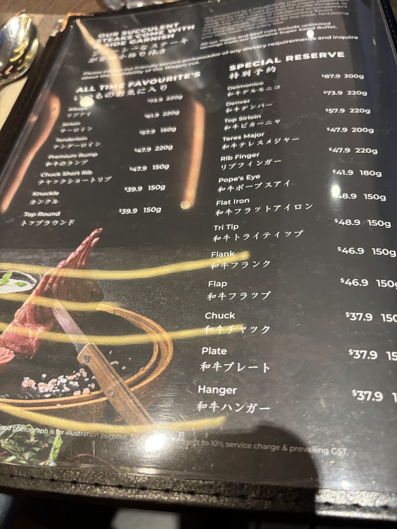 A close-up view of a menu displaying various premium steak cuts and their prices.