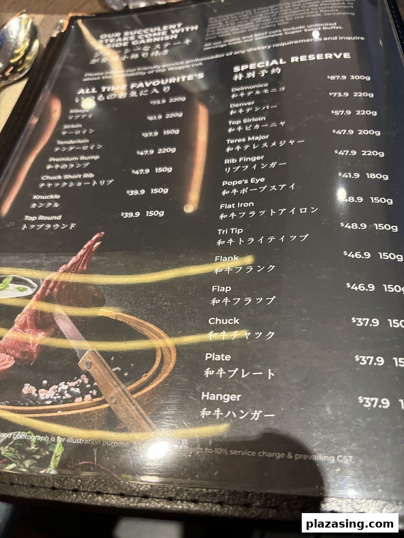 A close-up view of a menu displaying various premium steak cuts and their prices.