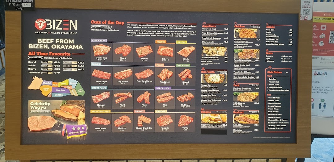 A comprehensive menu board displaying various wagyu beef cuts, appetizers, main courses, and drinks.