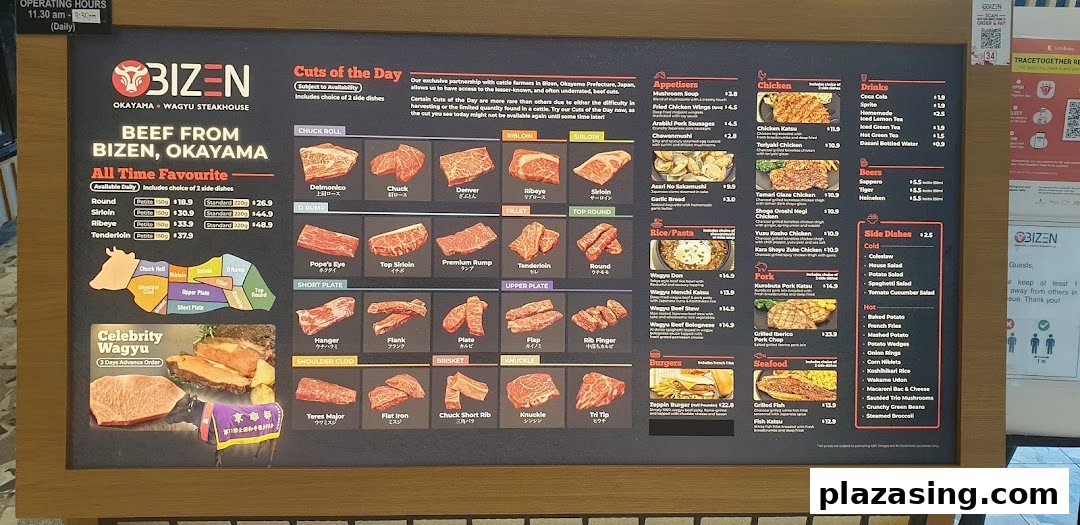 A comprehensive menu board displaying various wagyu beef cuts, appetizers, main courses, and drinks.