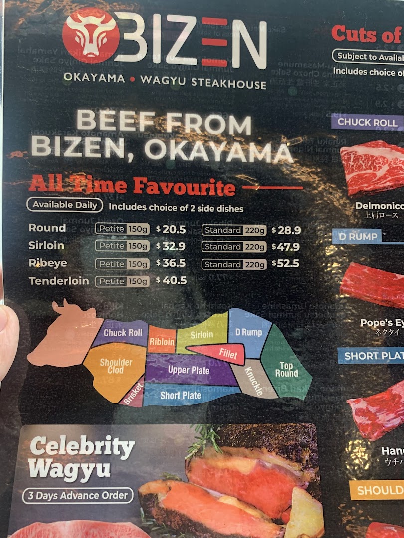 A detailed menu displaying various cuts and prices of Bizen Okayama Wagyu beef.