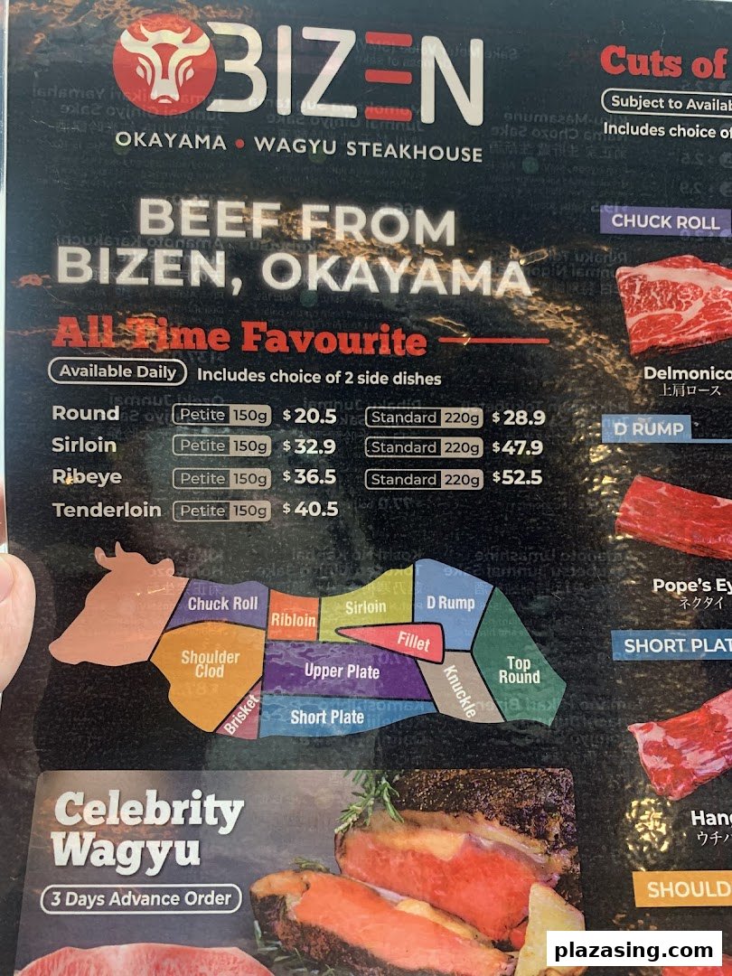 A detailed menu displaying various cuts and prices of Bizen Okayama Wagyu beef.