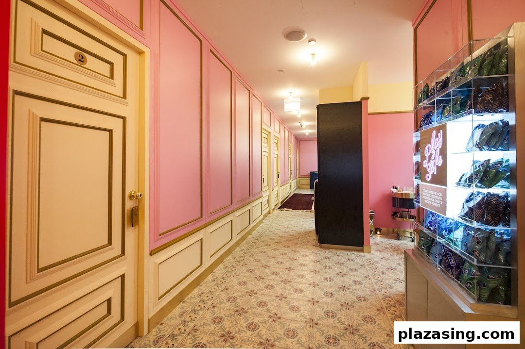 A stylish pink and gold hallway with ornate doors and patterned floor tiles, leading to Browhaus treatment rooms.