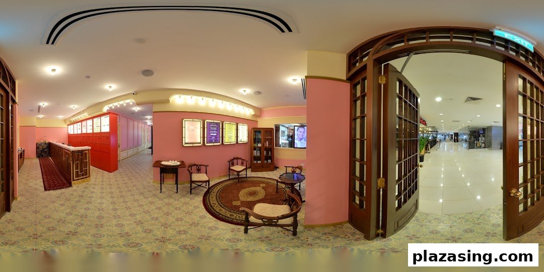 A panoramic view of Browhaus Plaza Singapura's inviting interior, featuring a reception, waiting area, and mall entrance.