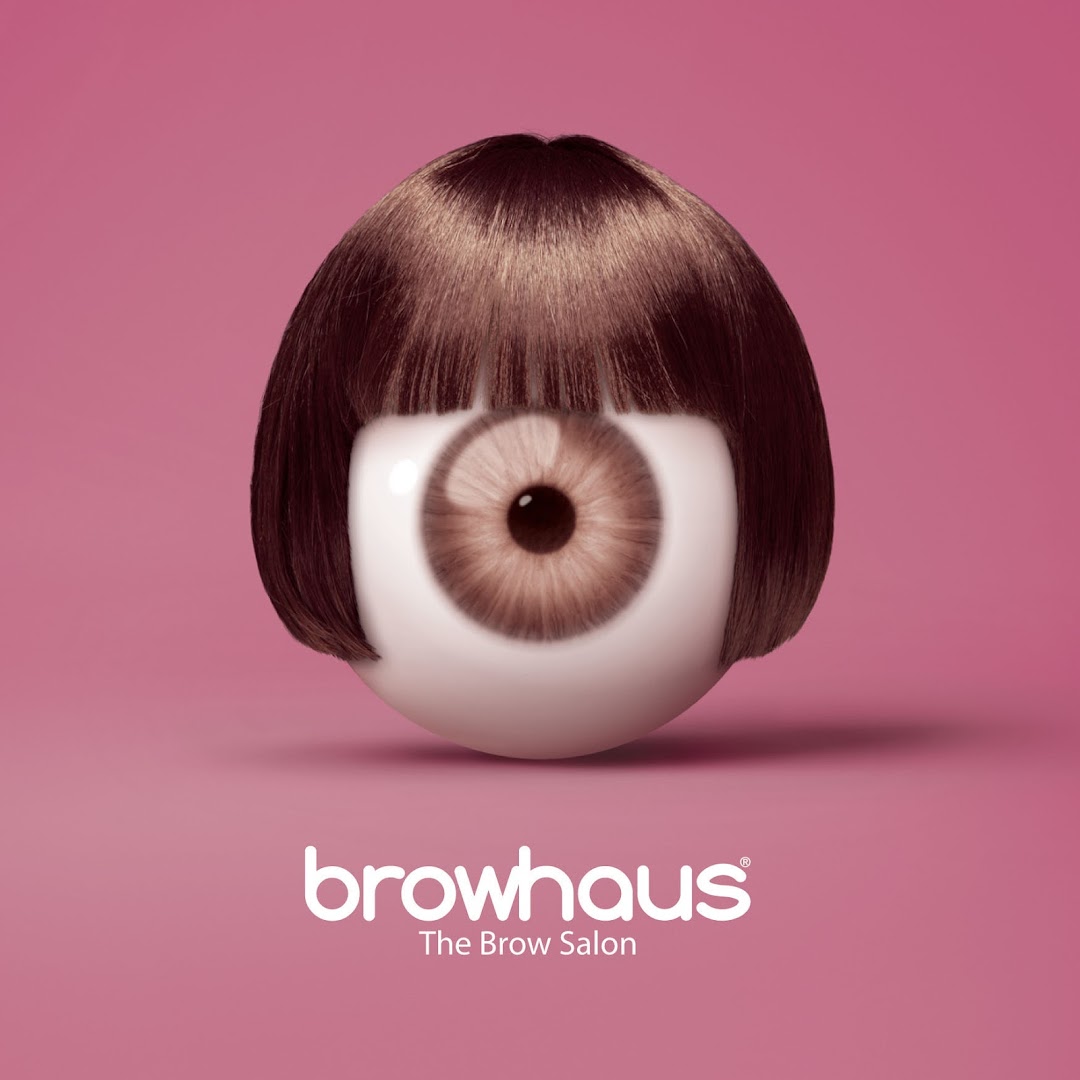 A stylized eyeball with a bob haircut and the Browhaus logo on a vibrant pink background.