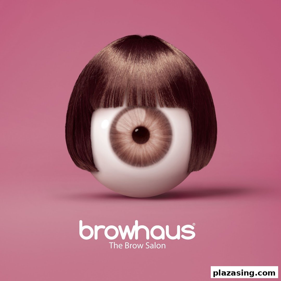 A stylized eyeball with a bob haircut and the Browhaus logo on a vibrant pink background.