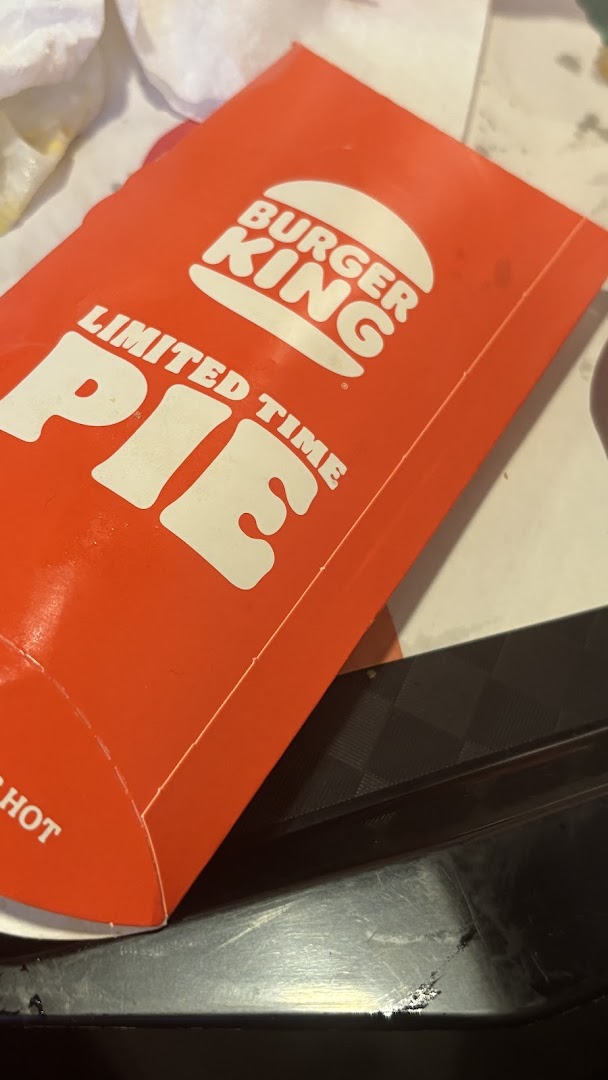 Close-up of a Burger King limited-time pie box on a tray.