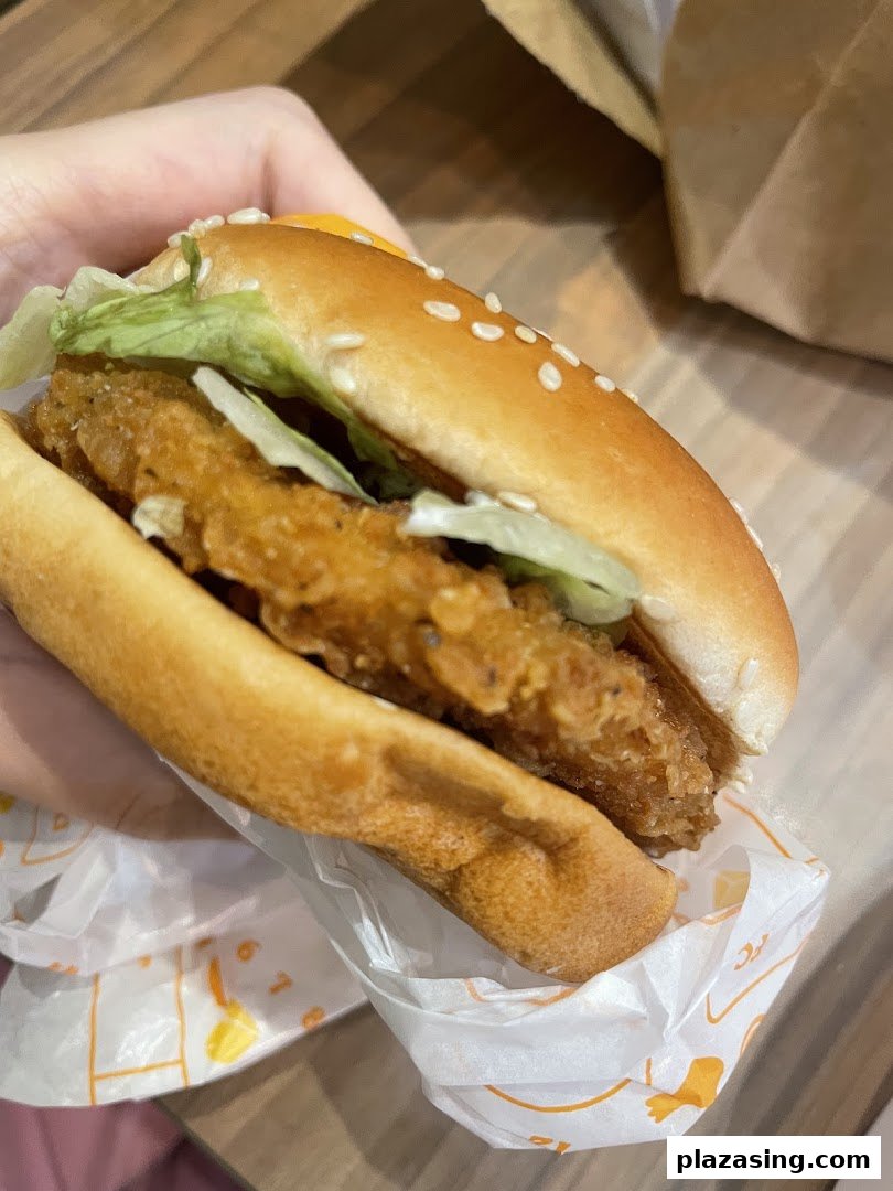 A hand holds a delicious-looking crispy chicken burger with lettuce and cheese.