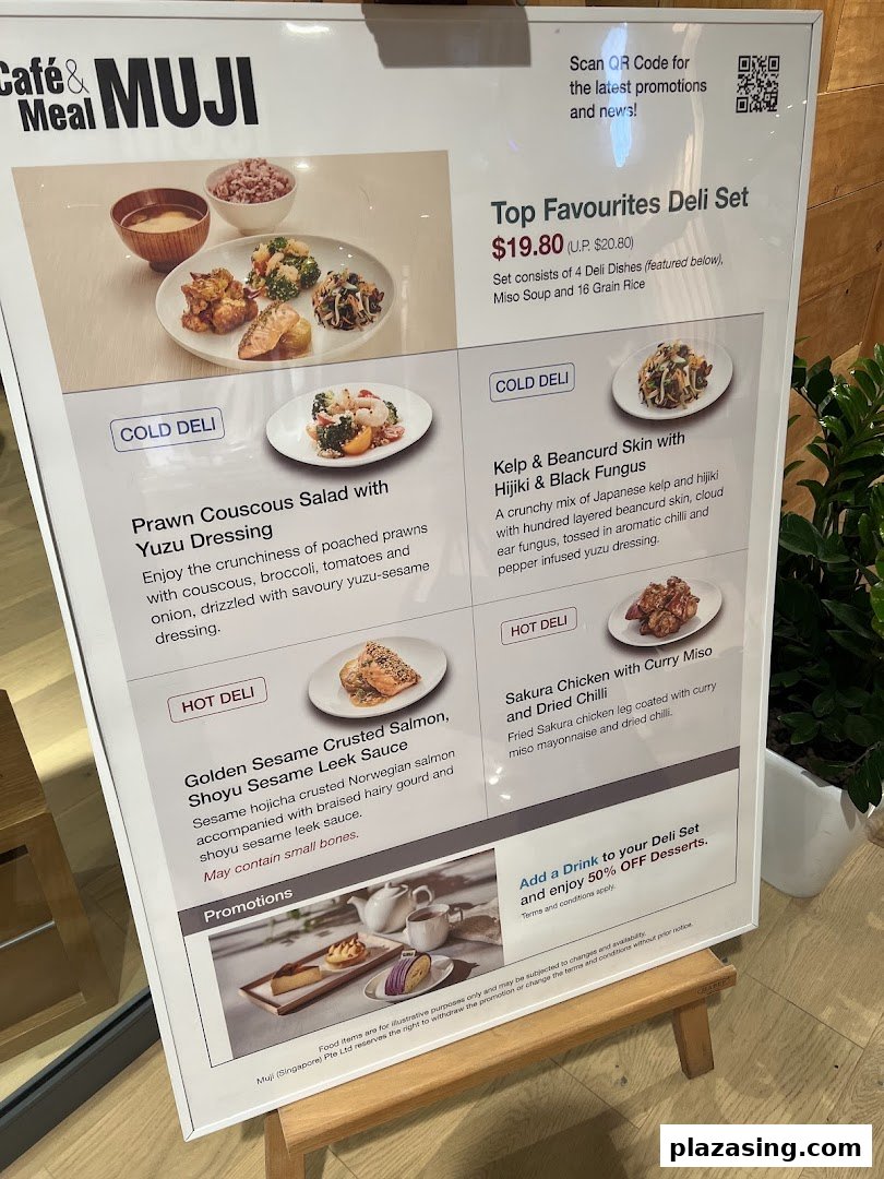 A detailed menu board for Café&Meal MUJI, showcasing deli sets, cold and hot dishes, and promotions.