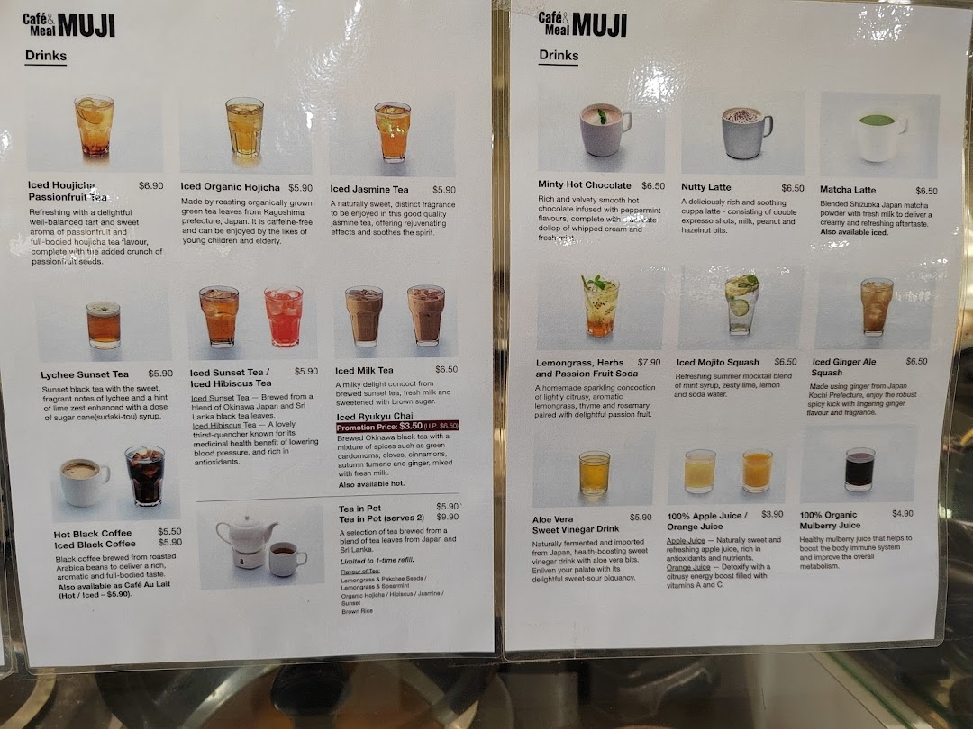 A detailed menu displaying a variety of hot and iced beverages offered at Café&Meal MUJI.