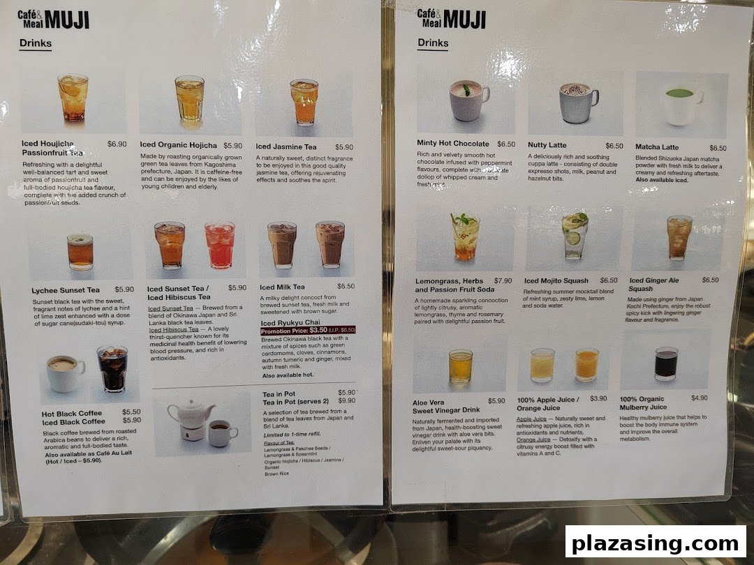 A detailed menu displaying a variety of hot and iced beverages offered at Café&Meal MUJI.