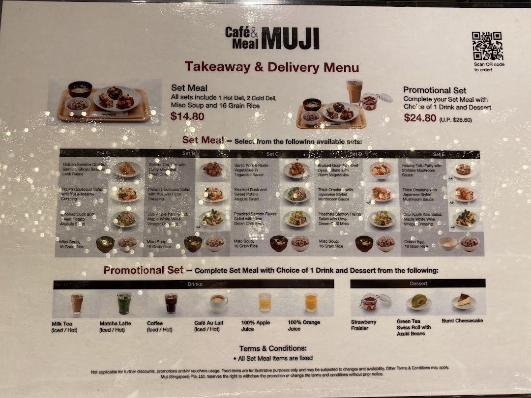 A detailed menu for Café & Meal MUJI, featuring set meals, drinks, and desserts.