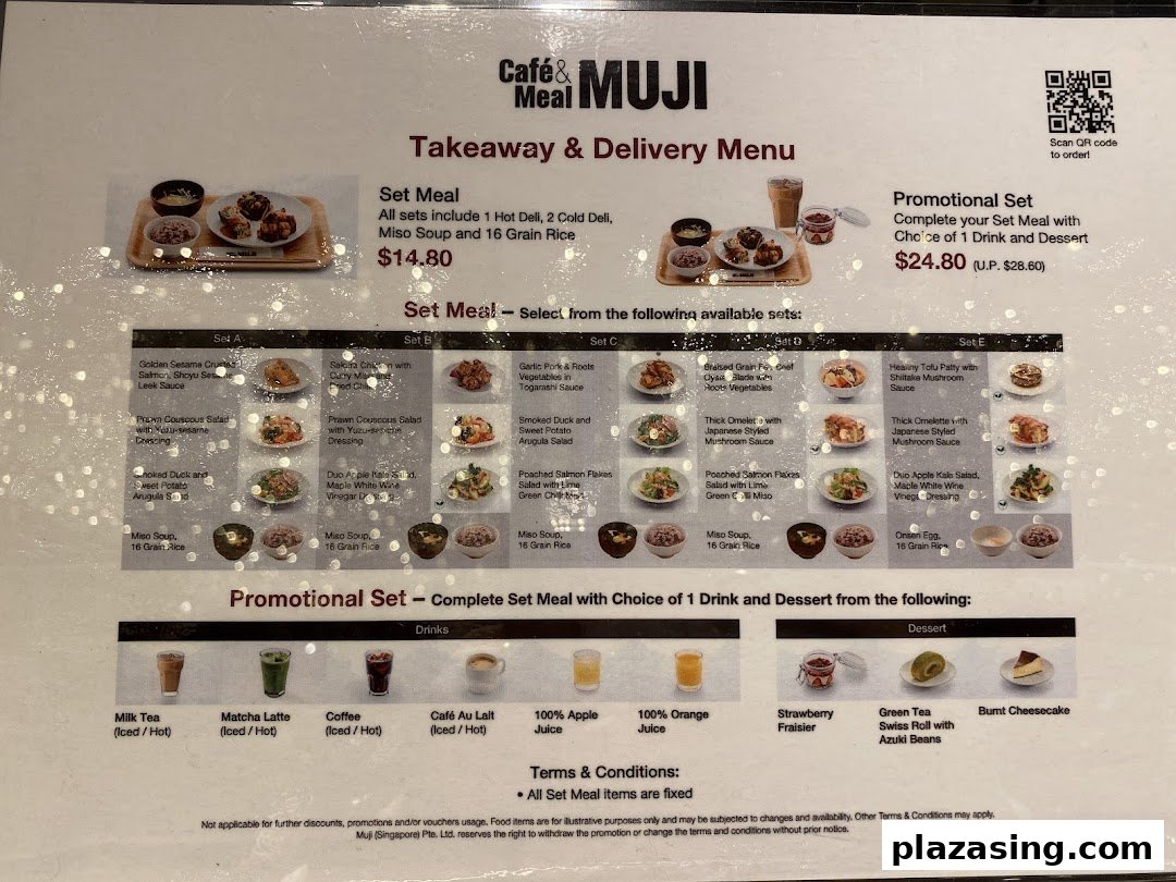 A detailed menu for Café & Meal MUJI, featuring set meals, drinks, and desserts.