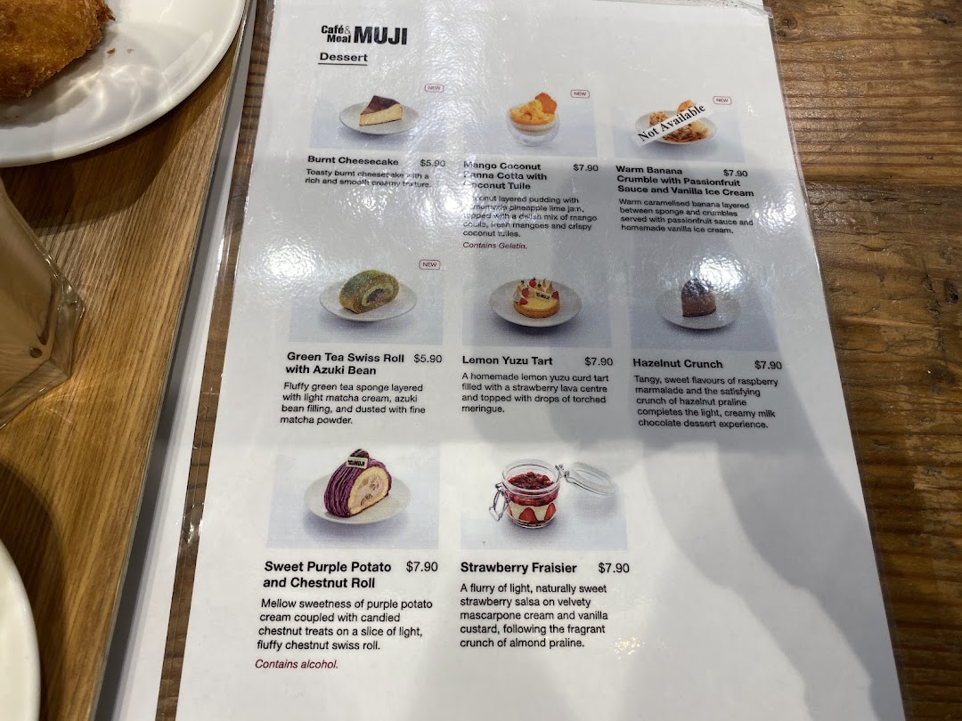 A detailed menu displaying various dessert options with descriptions and prices from CafèMeal - MUJI.