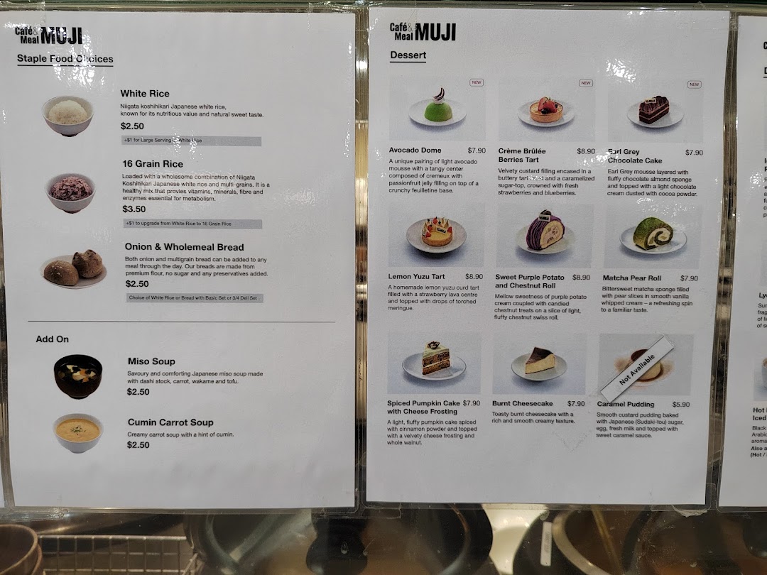A detailed menu from Cafè&Meal MUJI, showcasing staple food choices, add-ons, and a variety of desserts.