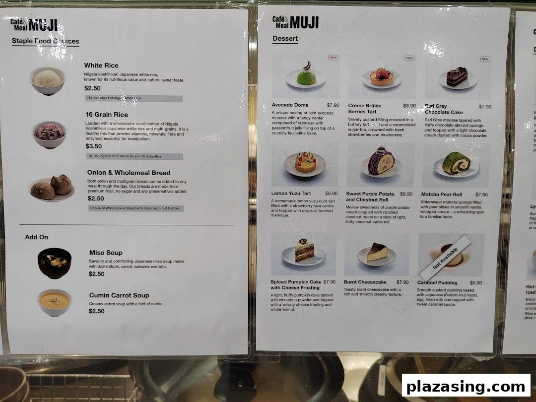 A detailed menu from Cafè&Meal MUJI, showcasing staple food choices, add-ons, and a variety of desserts.