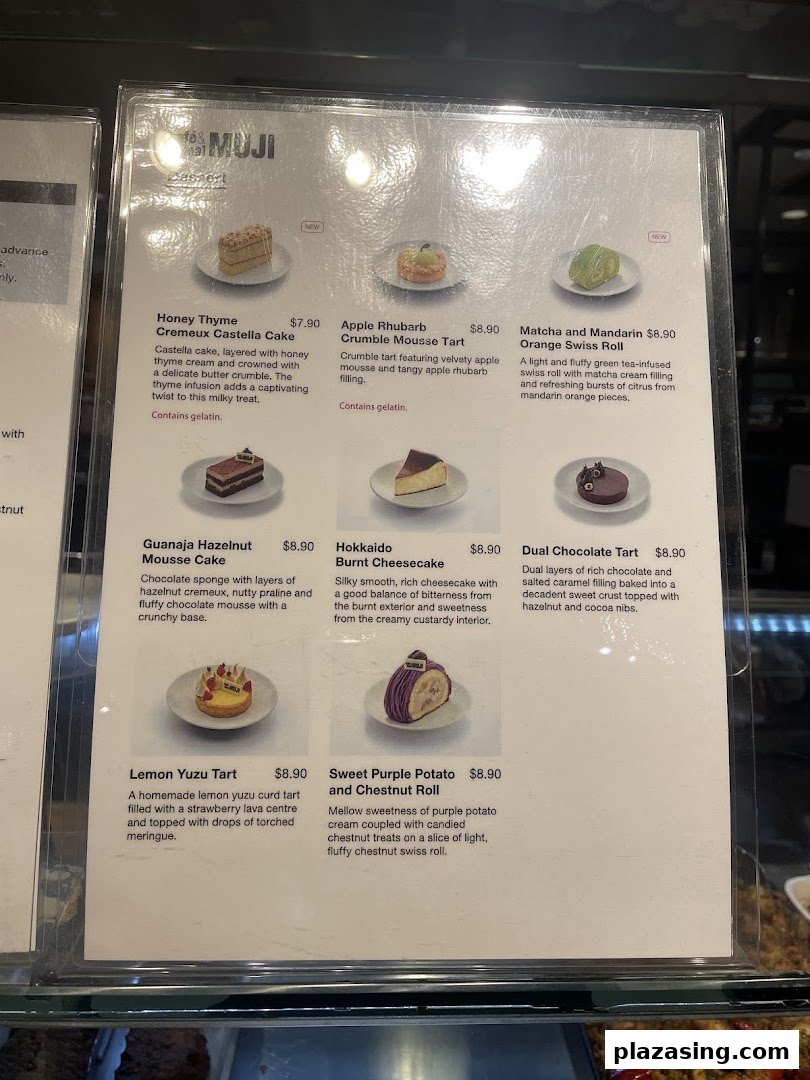 A detailed menu displaying various dessert cakes, tarts, and rolls with descriptions and prices.