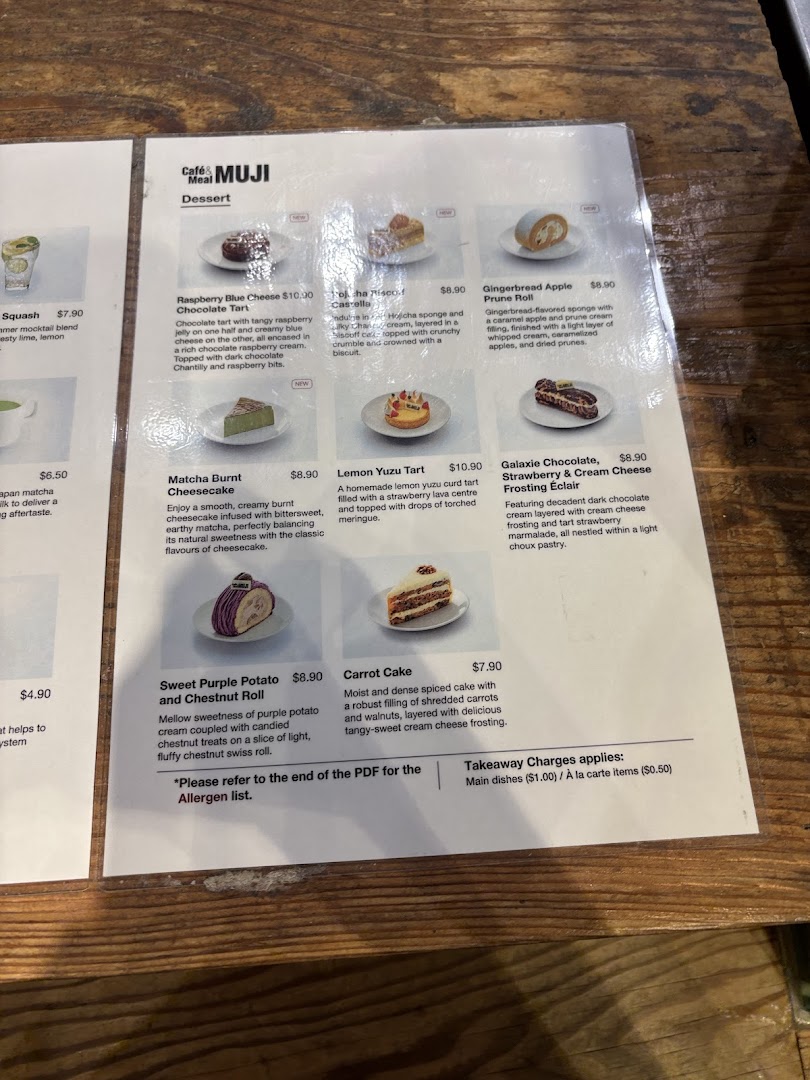 A detailed menu page showcasing a variety of desserts and some beverages from Cafè&Meal MUJI.