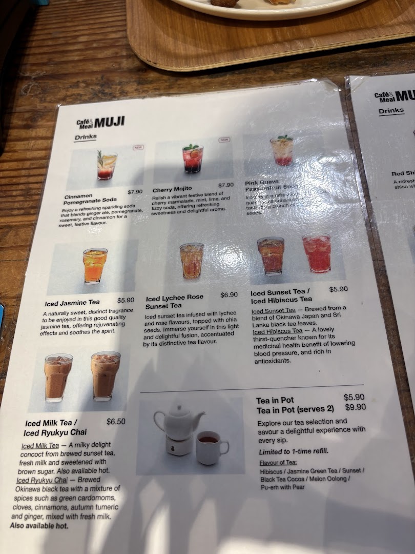 A detailed menu displaying a variety of refreshing drinks and teas from CafèMeal MUJI.