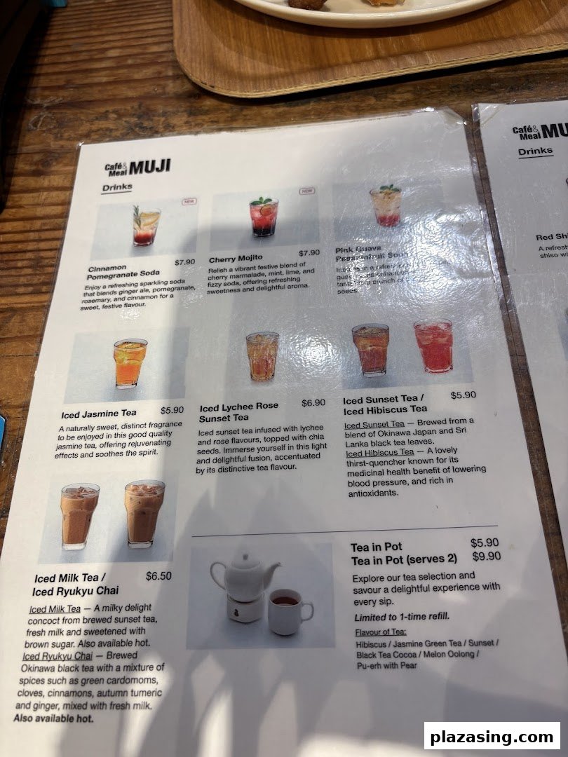 A detailed menu displaying a variety of refreshing drinks and teas from CafèMeal MUJI.