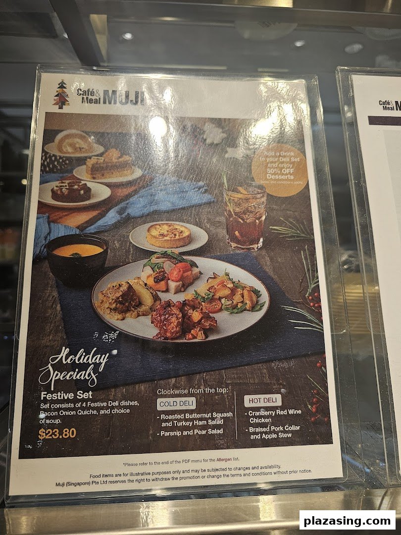 A menu board for Café & Meal MUJI showcasing their Holiday Specials and Festive Set.
