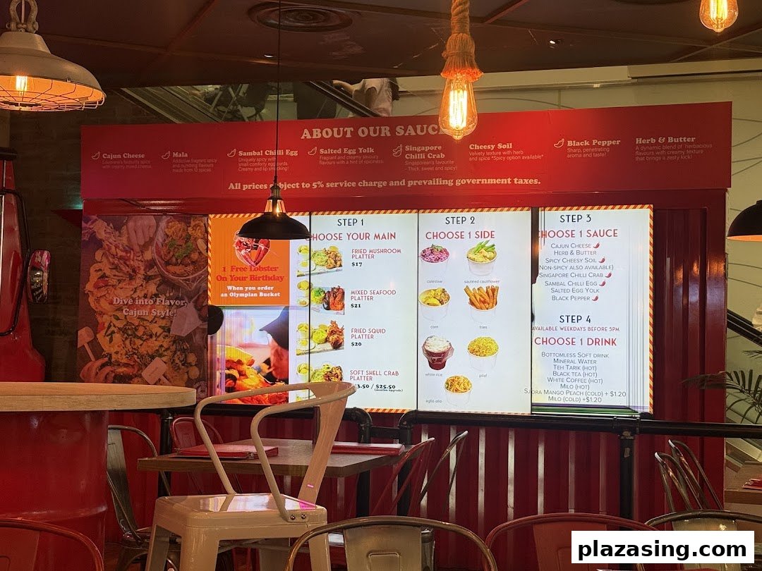 A vibrant menu board showcasing Cajun on Wheels' seafood platters, sauces, and drink options.