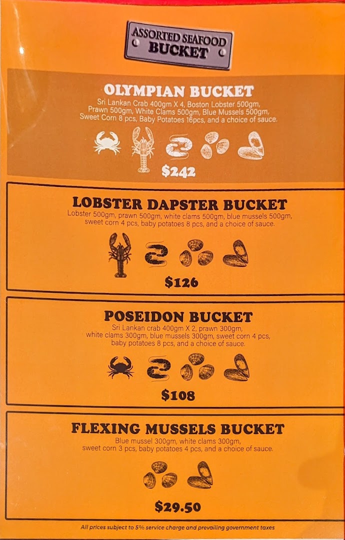 A vibrant orange menu showcasing various seafood bucket options with detailed ingredients and prices.