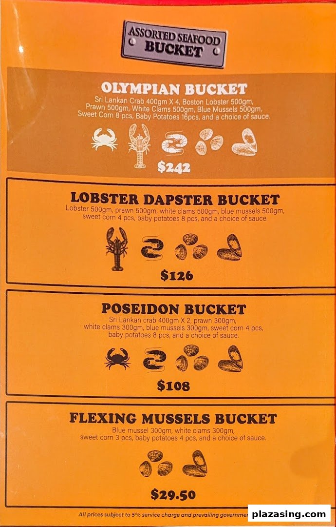 A vibrant orange menu showcasing various seafood bucket options with detailed ingredients and prices.