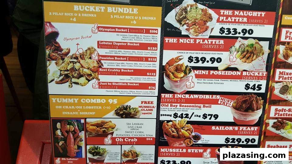 A detailed menu board showcasing various seafood platters, buckets, and combos with prices.