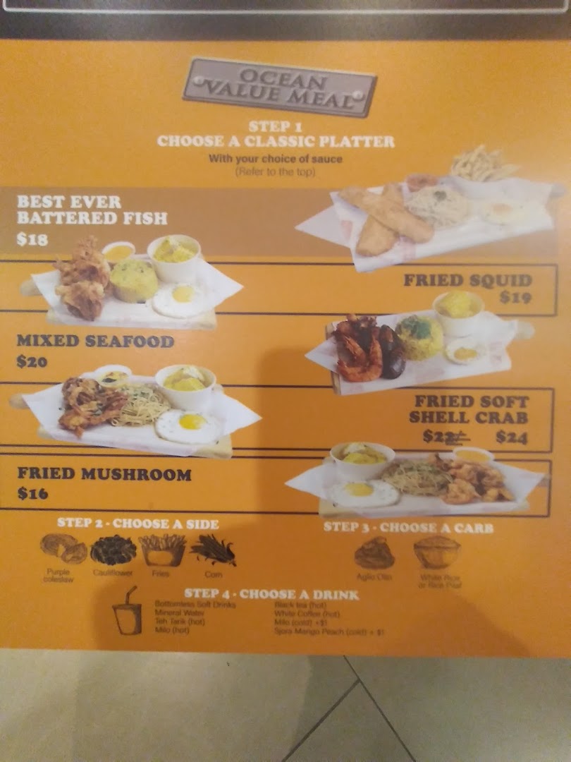 A detailed menu board for 'Ocean Value Meals' featuring seafood platters, sides, carbs, and drinks.