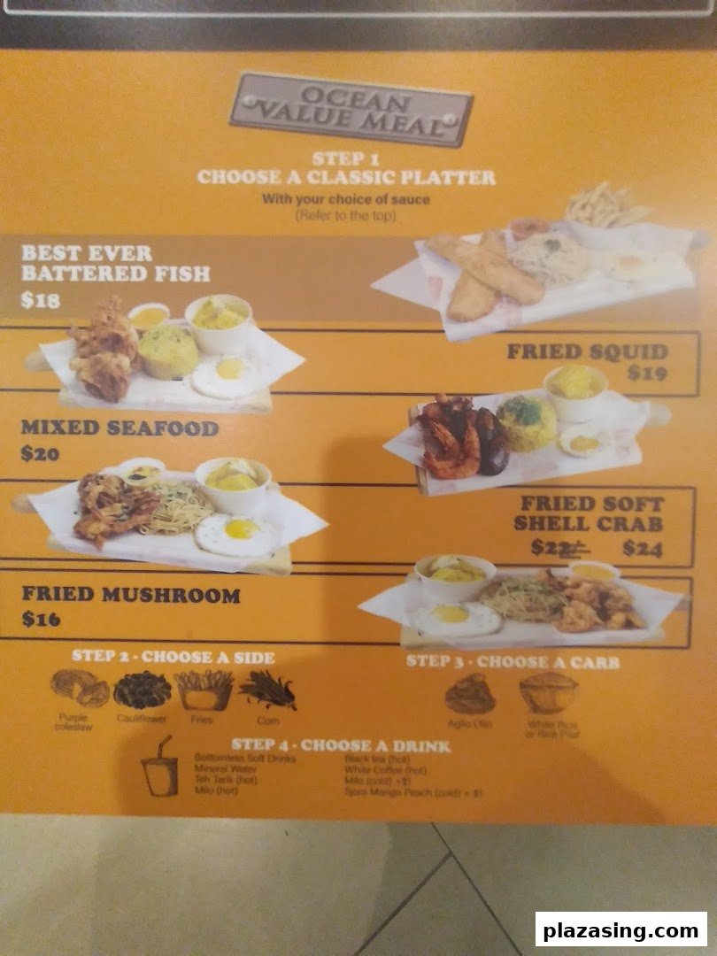 A detailed menu board for 'Ocean Value Meals' featuring seafood platters, sides, carbs, and drinks.