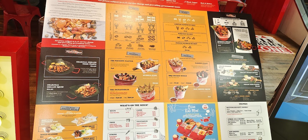 A comprehensive menu board displaying various seafood buckets, grilled dishes, and sides.