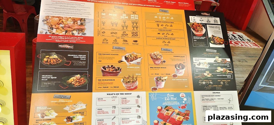 A comprehensive menu board displaying various seafood buckets, grilled dishes, and sides.