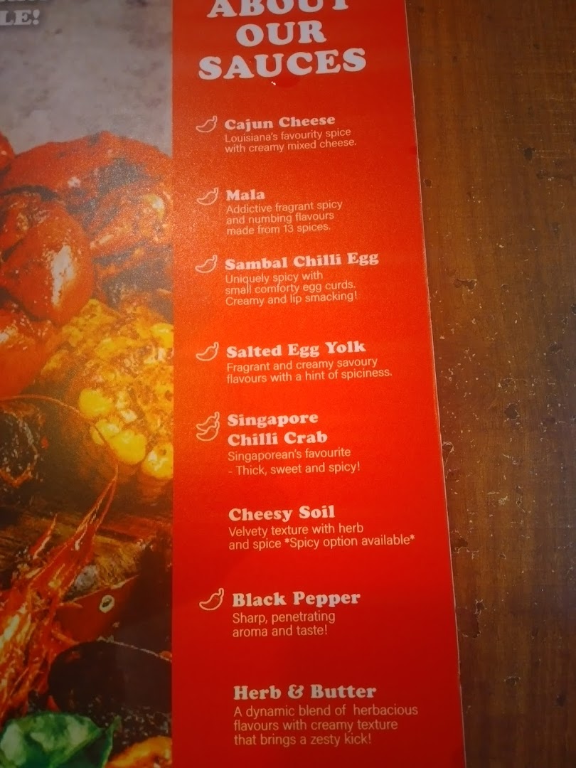 A close-up of a menu displaying various sauce options and their descriptions.