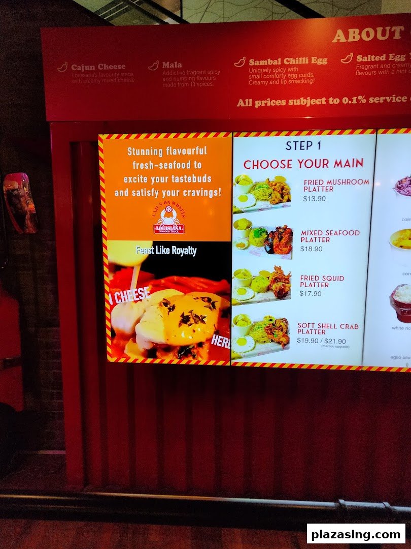 A vibrant menu board for Cajun on Wheels, displaying seafood platters and flavor options.