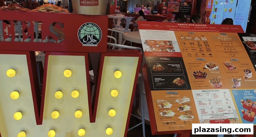 A vibrant menu board showcasing Cajun seafood dishes and sides, next to a lighted 'W' sign.