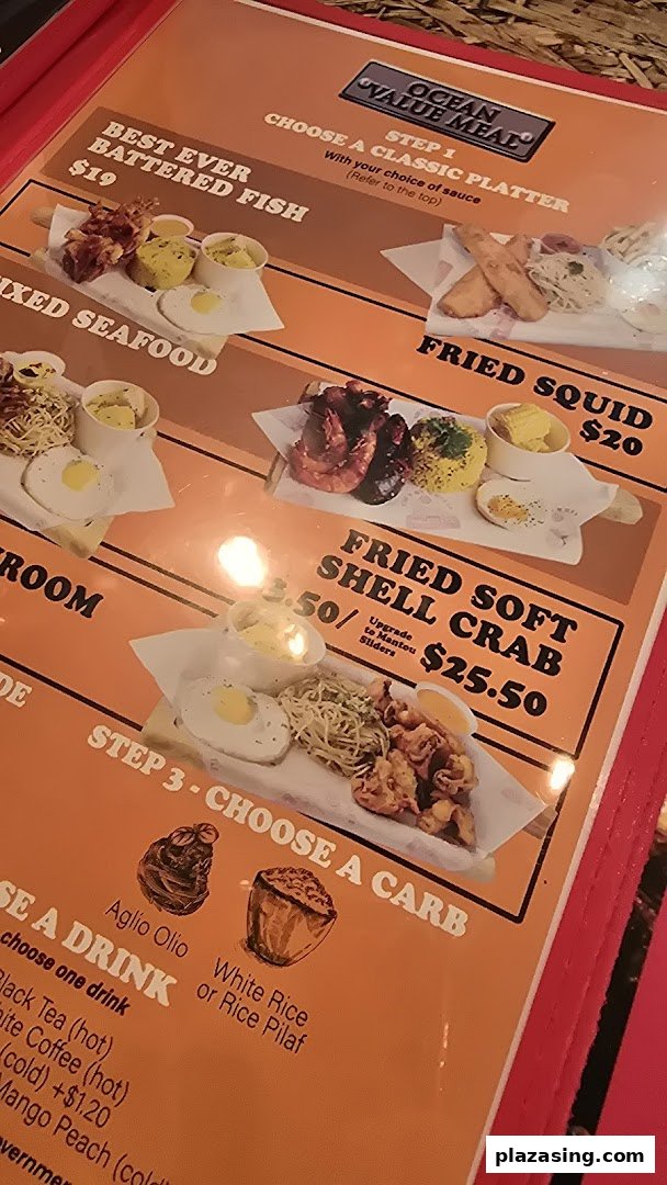 A vibrant menu displaying classic seafood platters, carb choices, and drink options.