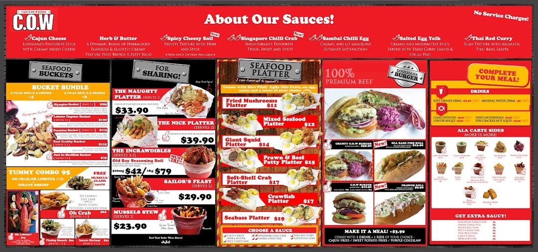 A vibrant menu displaying a wide array of Cajun-inspired seafood buckets, platters, burgers, and sauces.