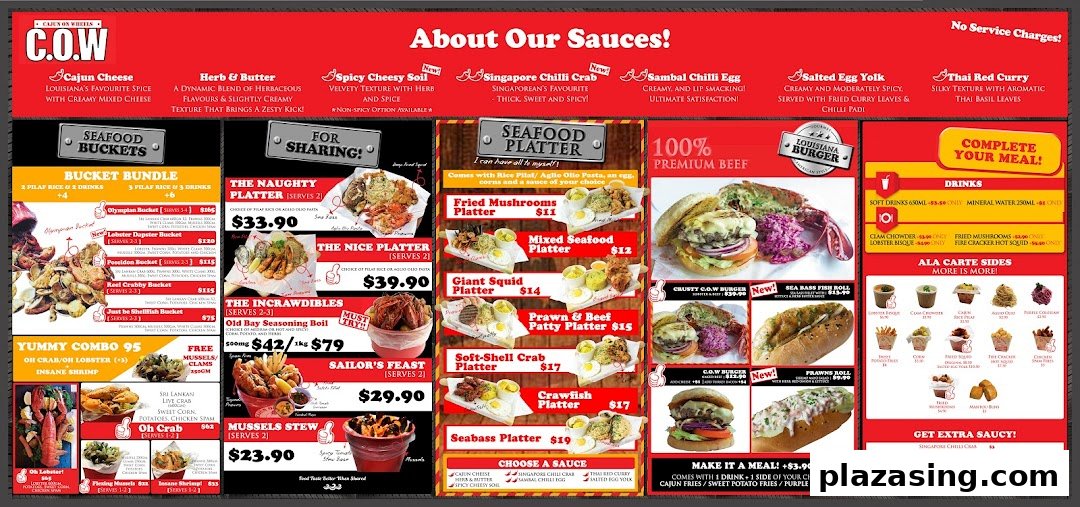 A vibrant menu displaying a wide array of Cajun-inspired seafood buckets, platters, burgers, and sauces.