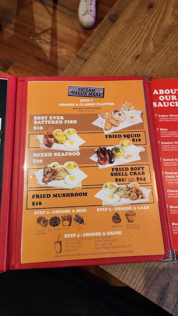 A menu page displaying 'Ocean Value Meal' platters with options for sides, carbs, and drinks.