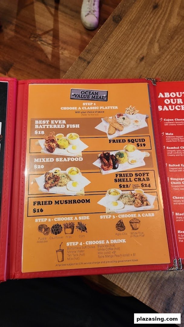 A menu page displaying 'Ocean Value Meal' platters with options for sides, carbs, and drinks.