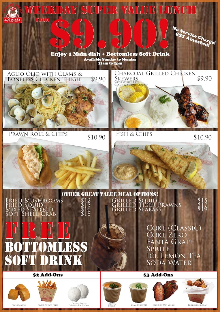 A comprehensive menu displaying Cajun on Wheels' weekday super value lunch deals and other meal options.