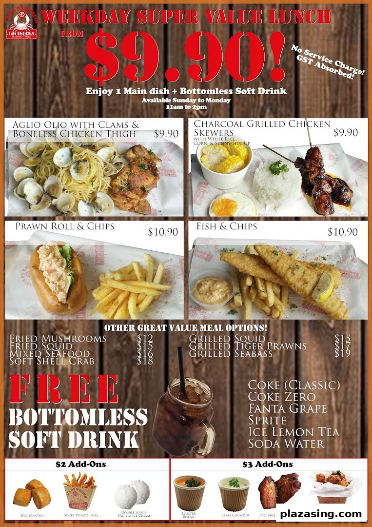 A comprehensive menu displaying Cajun on Wheels' weekday super value lunch deals and other meal options.