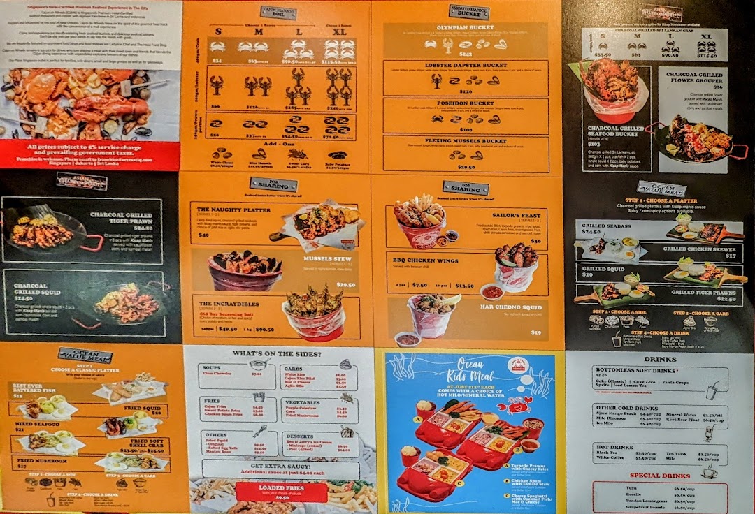 A comprehensive menu displaying various seafood boils, grilled platters, sides, and drinks from Cajun on Wheels.