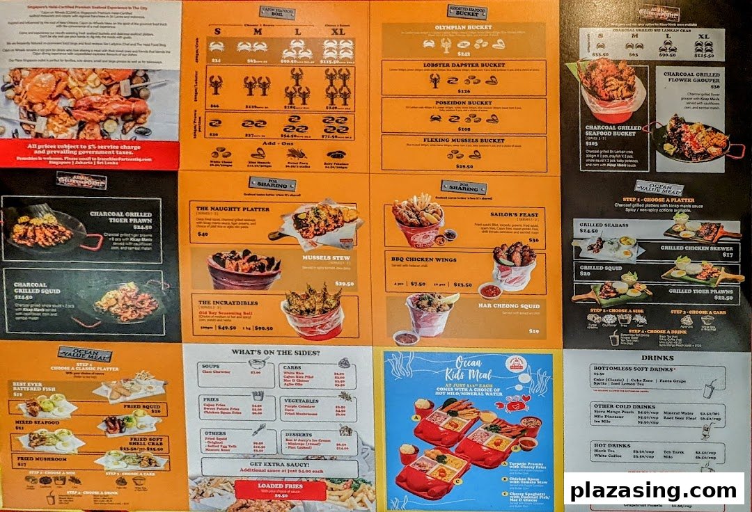 A comprehensive menu displaying various seafood boils, grilled platters, sides, and drinks from Cajun on Wheels.