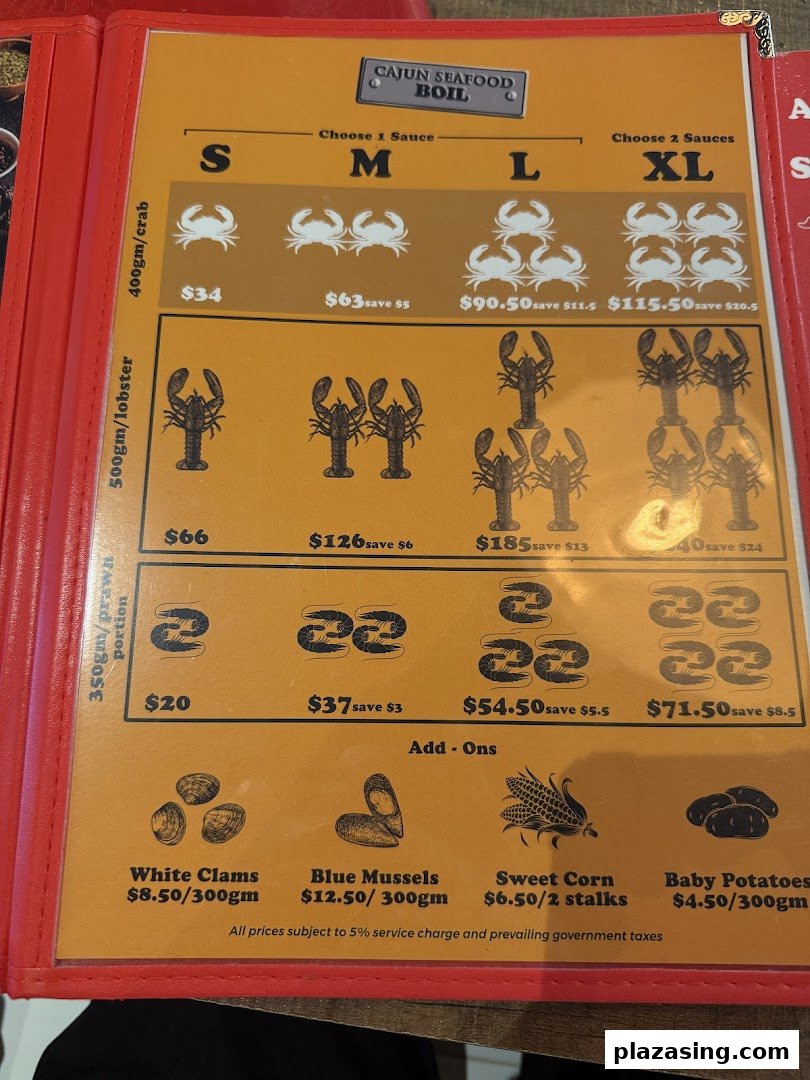 A detailed menu displaying seafood boil options with prices and add-ons.