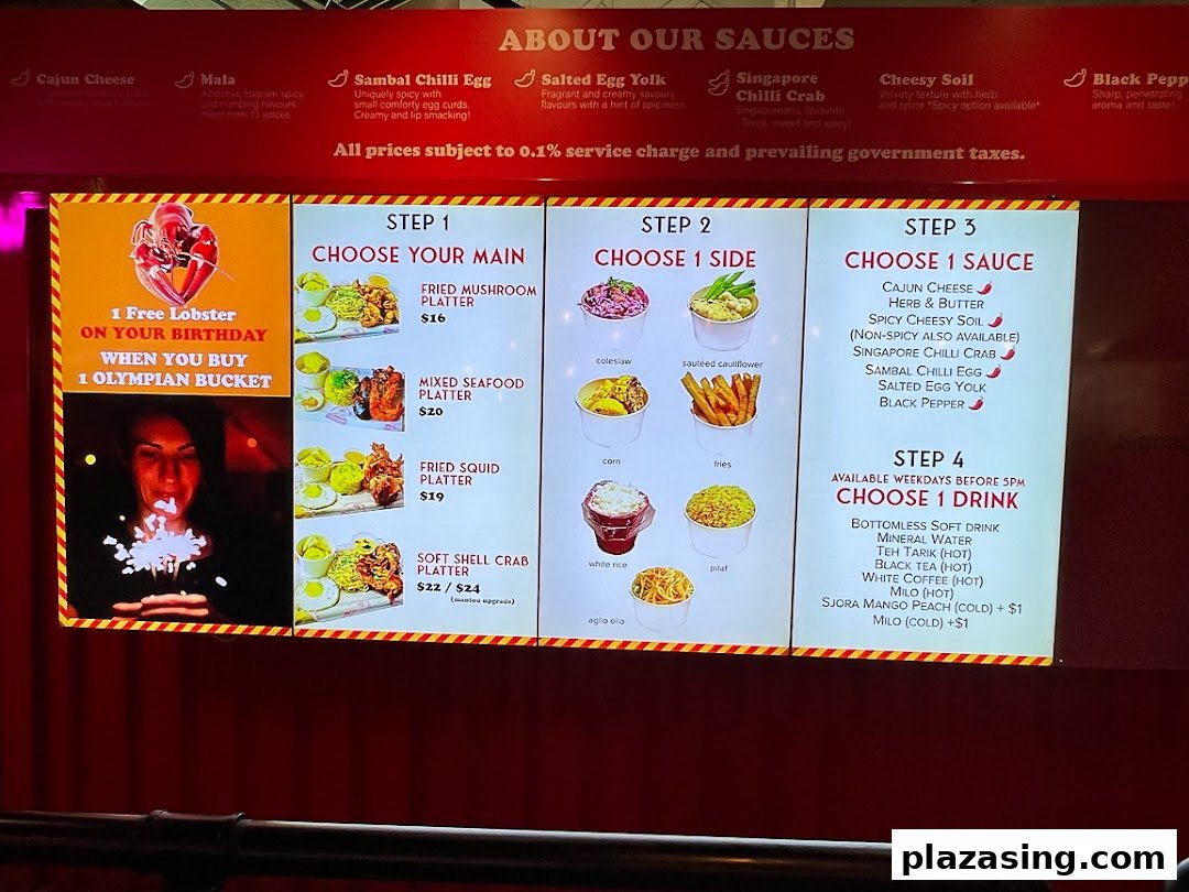 A digital menu board displaying customizable Cajun seafood platters, sides, sauces, and drinks.