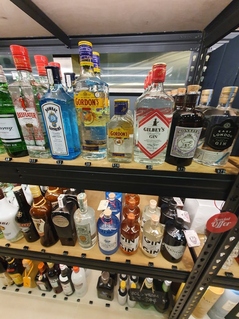 Shelves filled with a diverse selection of gin and other spirits, showcasing various brands and bottle sizes.