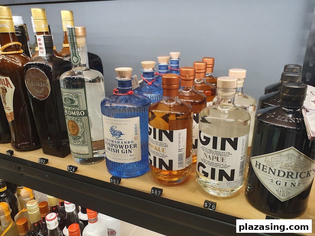 A shelf displaying a variety of premium gin bottles, including Hendrick's, with visible price tags.
